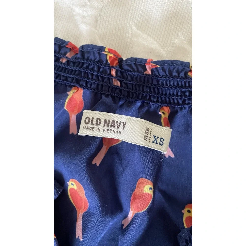 Old Navy Bird Print Button Up Top Women XS Blue Red AOP birdies 3/4 Puff Sleeves
